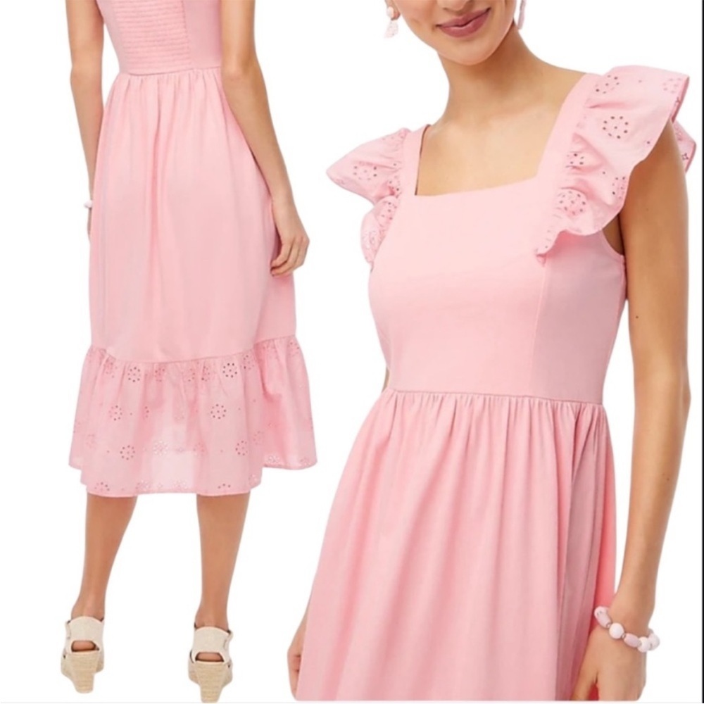 J.Crew Pink Eyelet Smocked Midi Dress Ruffle Sleeve Cottagecore NWT Size Large - Picture 1 of 7